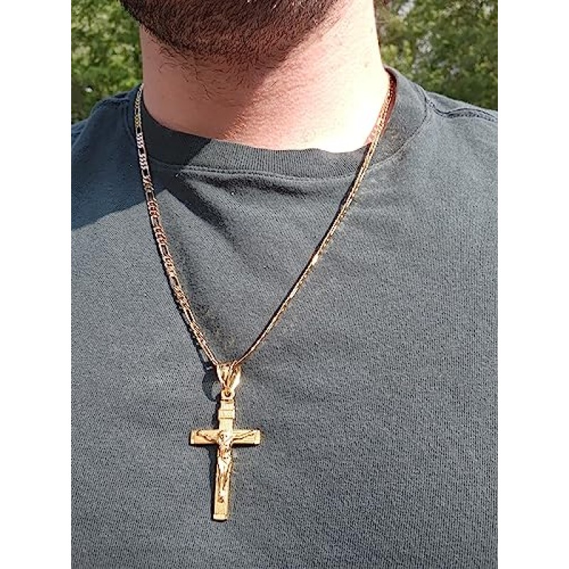 Angelus de Leon 14K 골드 스타일 피가로 체인 크로스 펜던트 목걸이 4MM 크로스 목걸이 걸쇠 남성용, 남편 얇은 매력 피가로 링크 다이아몬드 컷 종교 십자가