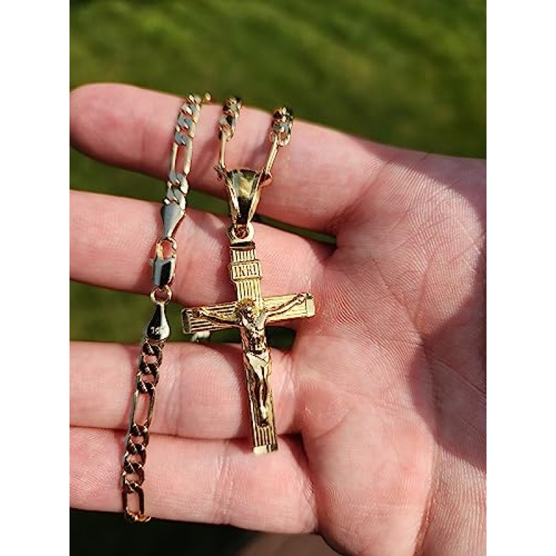 Angelus de Leon 14K 골드 스타일 피가로 체인 크로스 펜던트 목걸이 4MM 크로스 목걸이 걸쇠 남성용, 남편 얇은 매력 피가로 링크 다이아몬드 컷 종교 십자가