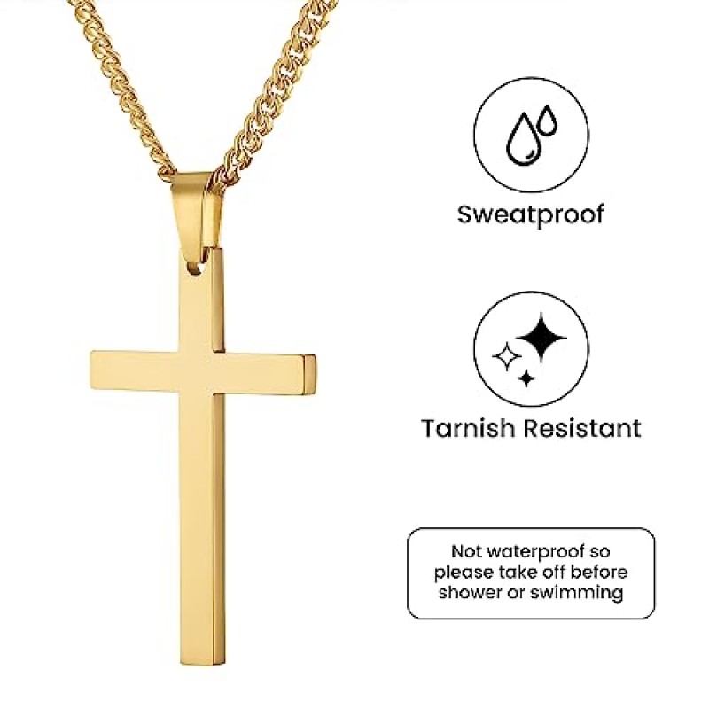 Angelus de Leon 14K 골드 스타일 피가로 체인 크로스 펜던트 목걸이 4MM 크로스 목걸이 걸쇠 남성용, 남편 얇은 매력 피가로 링크 다이아몬드 컷 종교 십자가