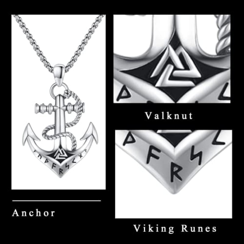 남자를위한 YueYuan 앵커 목걸이 925 스털링 실버 바이킹 Valknut 룬 앵커 펜던트 선원 목걸이 해상 목걸이 선물 생일 기념일, 20 + 2