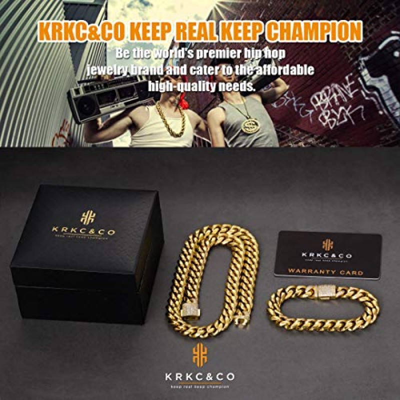 KRKC&CO 남성용 12mm 18k 아이스 아웃 쿠바 링크 커브 체인 및 팔찌, 솔리드 변색 없음 목걸이, 남성용 내구성 있는 스트리트웨어 힙합 체인