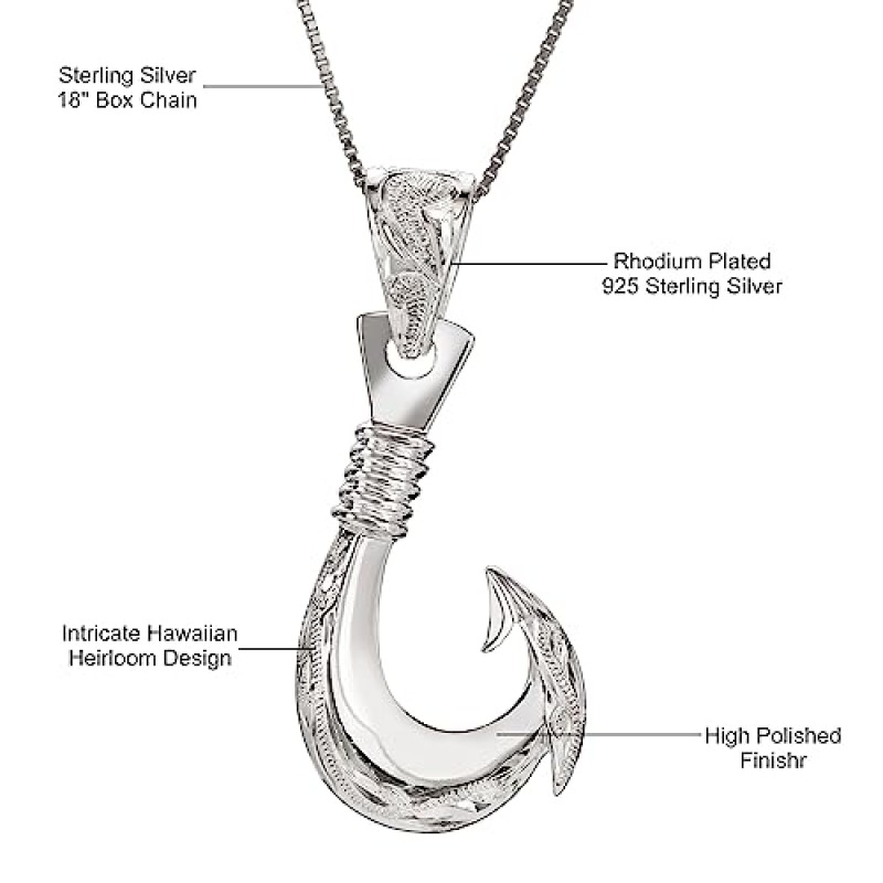 Aloha Jewelry Company 925 스털링 실버 로듐 도금 하와이 낚시 후크 앵글 목걸이 펜던트, 민감한 피부를 위한 무니켈 저자극성, 가보 스크롤, 18인치 박스 체인 및 선물 상자 포함