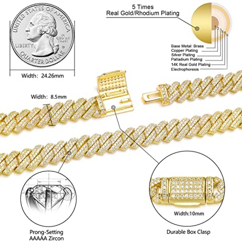BREN 쿠바 링크 체인 목걸이 Mens Iced Out 럭셔리 다이아몬드 마이애미 쿠바 목걸이 14K 골드/실버 도금 힙합 랩퍼 체인 쥬얼리 선물 여성용