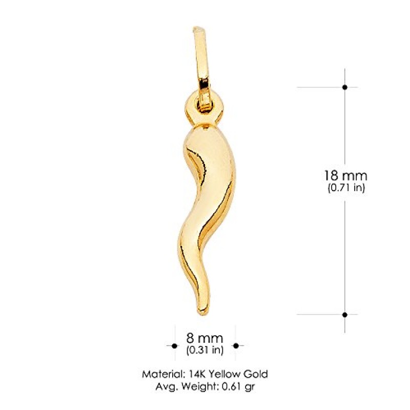 14K 옐로우 골드 코니첼로 이탈리아 호른 목걸이 0.8mm 박스 체인이 있는 행운의 참 펜던트