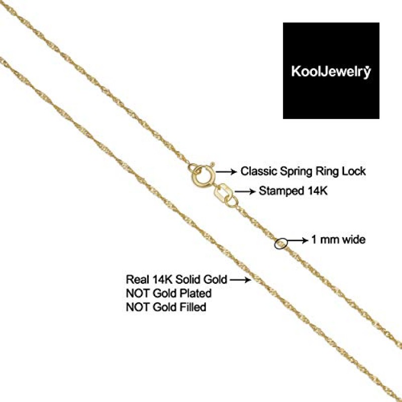 Kooljewelry 14k 옐로우 골드 싱가포르 체인 펜던트 목걸이 (0.7mm, 1mm, 1.4mm, 1.7mm)