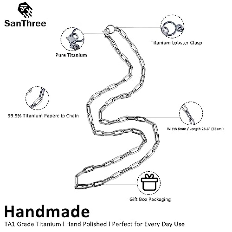 남성용 SanThree 순수 티타늄 목걸이 5mm 플랫 긴 O 체인, 내구성이 뛰어난 피부 친화적인 솔리드 티타늄 우아한 클립 링크 체인 목걸이 여성용 선물, 25.6인치