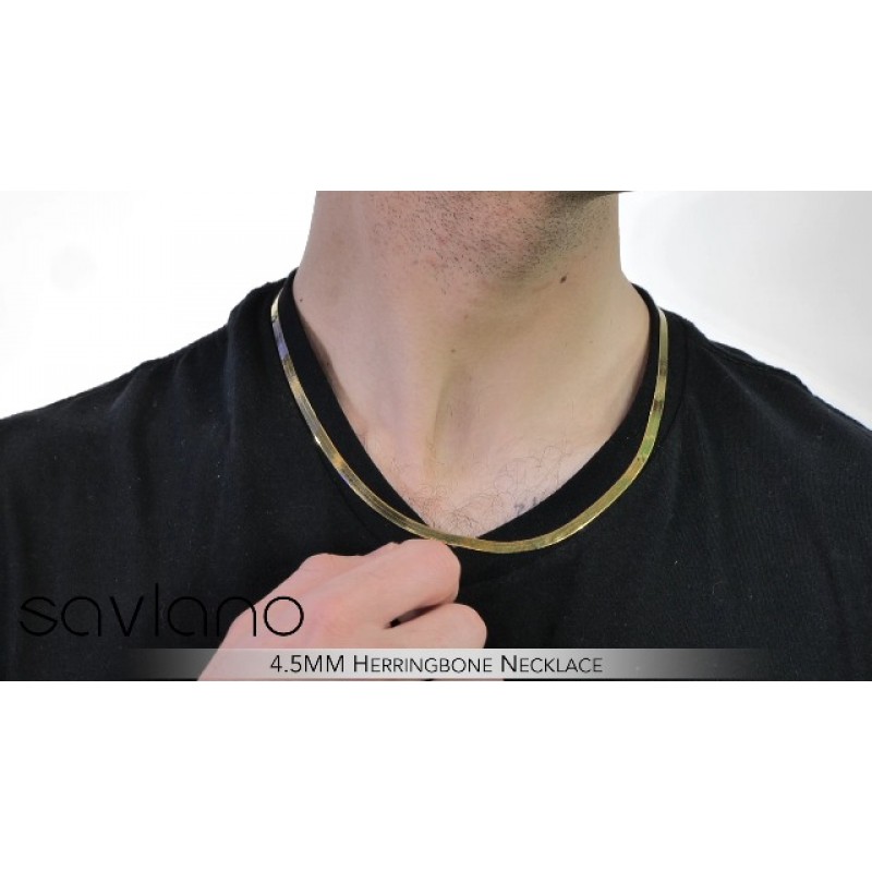 Savlano 18K 골드 도금 925 스털링 실버 4.5mm 솔리드 이탈리안 헤링본 매직 다이아몬드 컷 링크 체인 목걸이(여성 및 남성용 선물 상자 포함) - 이탈리아산