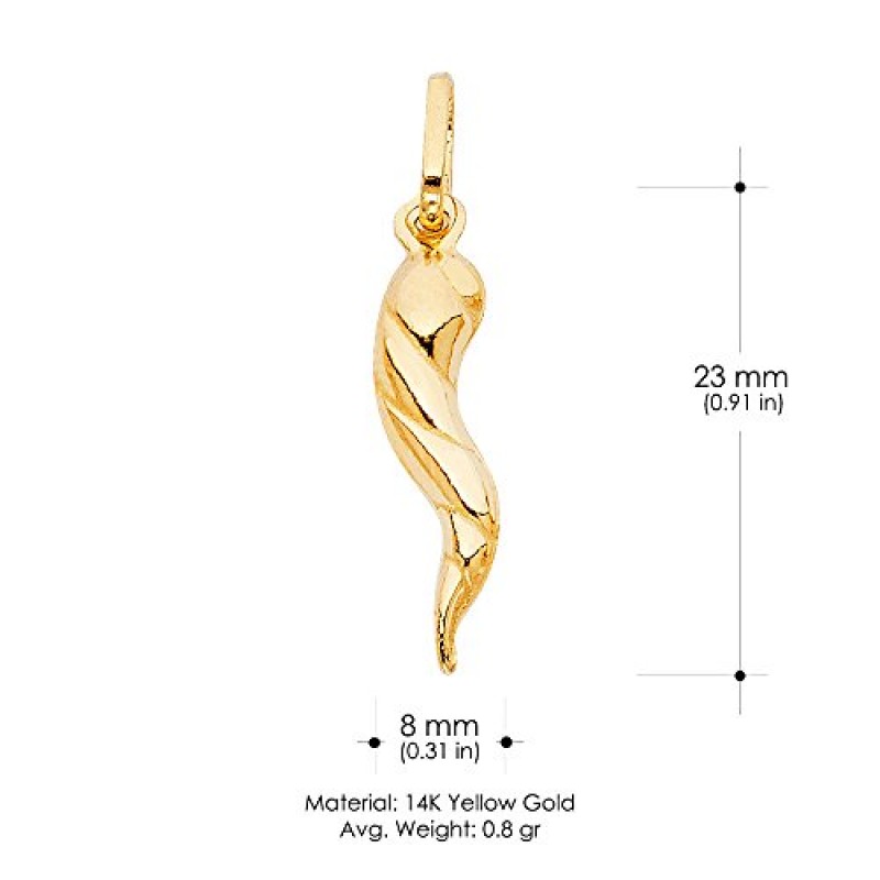 14K 옐로우 골드 트위스트 코르니첼로 이탈리아 포춘 호른 참 펜던트, 1.9mm 피가로 3+1 체인 목걸이