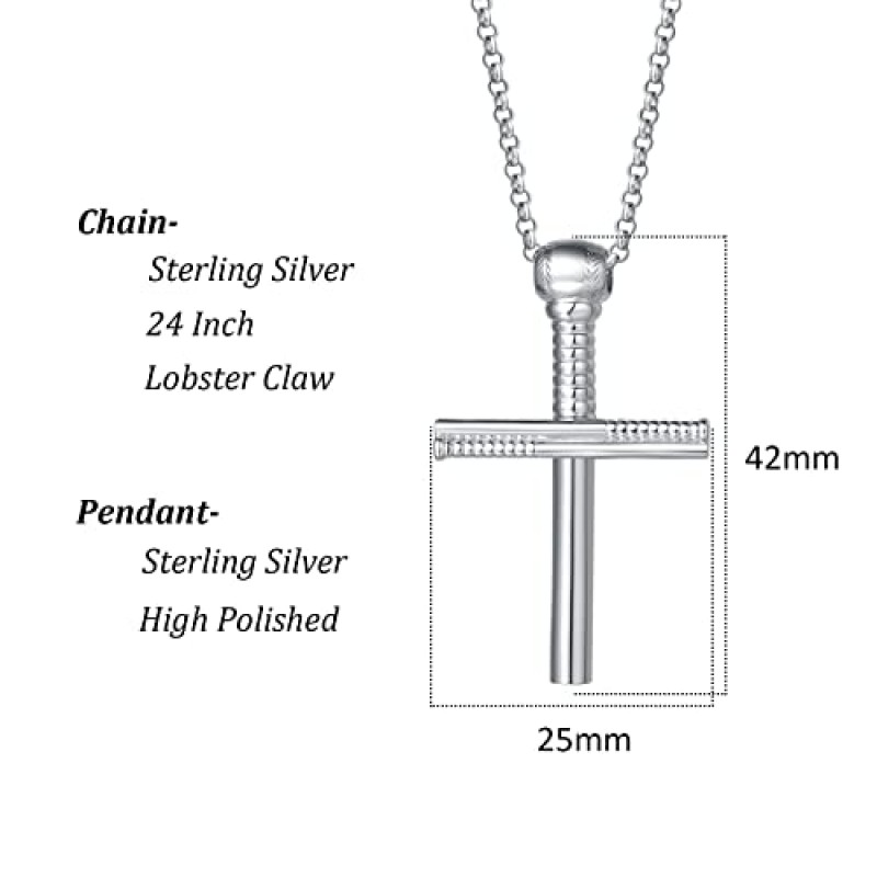 FANCIME 솔리드 리얼 925 스털링 실버 큰 대형 십자가 십자가 야구 펜던트 목걸이 남성용 고급 보석 크리스마스 선물 발렌타인 데이 선물, 24 인치 60cm 솔리드 실버 내구성 롤로 체인 랍스터 걸쇠 포함