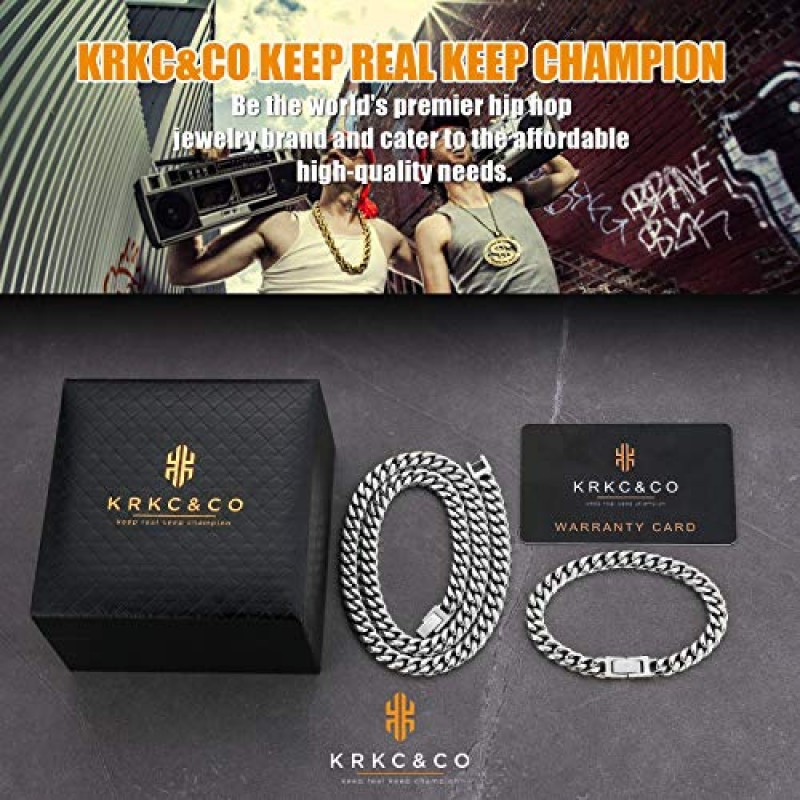 KRKC&CO 남성용 힙합 쥬얼리 세트, 8mm/10mm/12mm 18k 쿠바 링크 커브 체인 및 팔찌, 솔리드 변색 없음 목걸이, 남성용 내구성이 뛰어난 스트리트웨어 힙합 체인