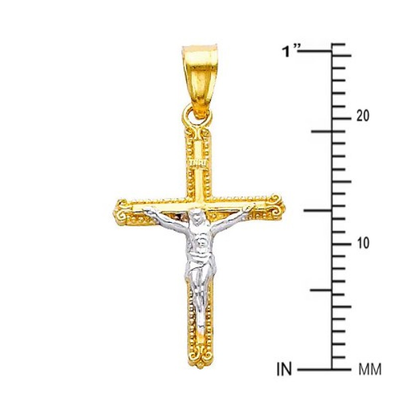 GM 파인 쥬얼리 14k 투톤 골드 예수 크로스 종교 참 펜던트 0.65mm 박스 링크 체인 목걸이