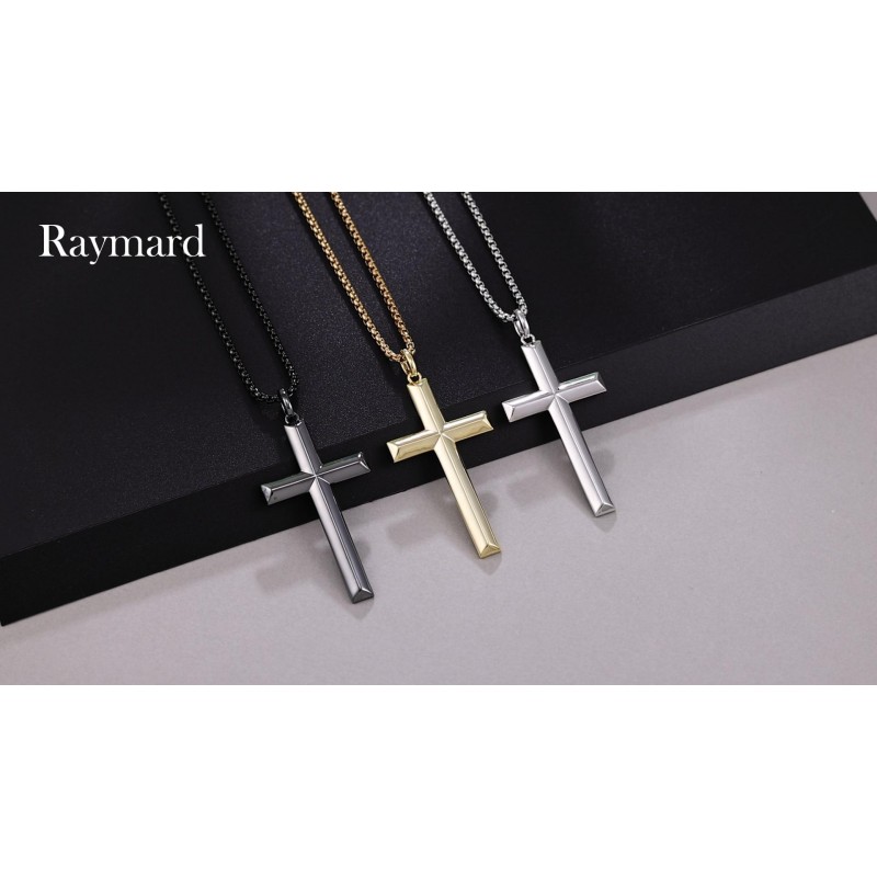 Raymard 925 스털링 실버 남성용 고광택 크로스 목걸이, 남성용 기독교 크로스 펜던트 쥬얼리, 24 