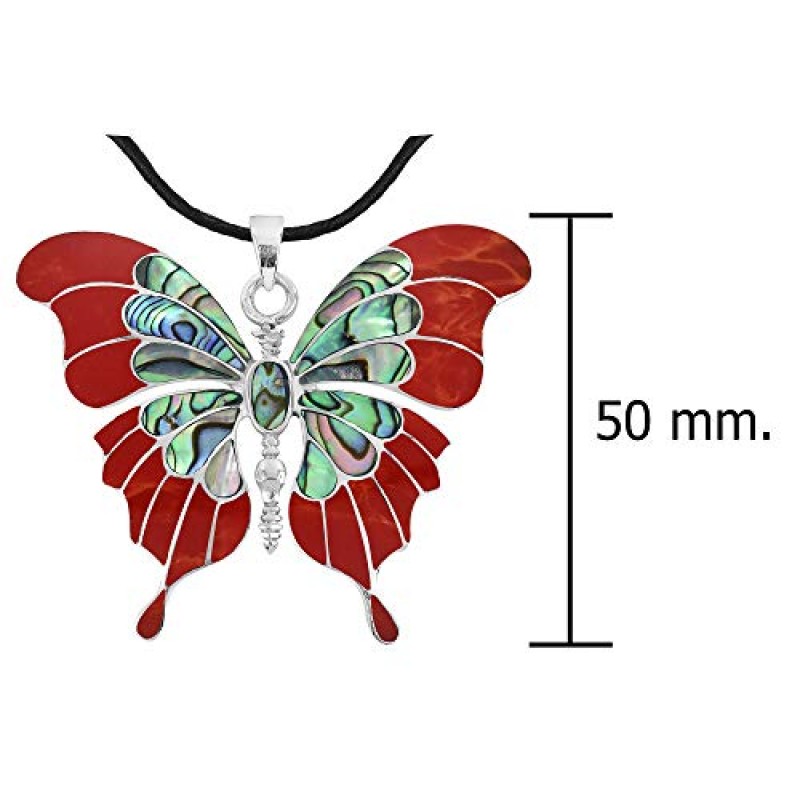 AeraVida 트렌디한 해변에서 영감을 받은 패션 액세서리를 위한 스털링 실버 펜던트 목걸이에 전복 껍질과 재구성된 붉은 산호 인레이가 있는 희망의 바다 나비의 우아한 상징