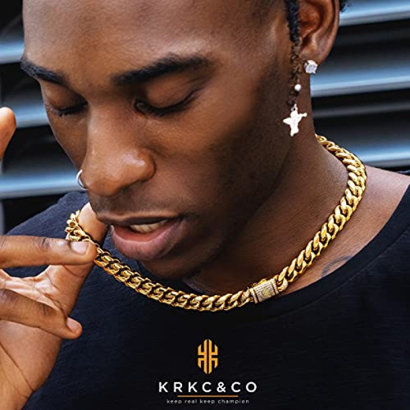 KRKC&CO 12mm 아이스 쿠바 링크 체인, 남성용 18k 골드 목걸이, 내구성과 변색 방지 도시 스트리트웨어, 절대 페이딩되지 않음, 영원한 샤인 힙합 남성 쥬얼리