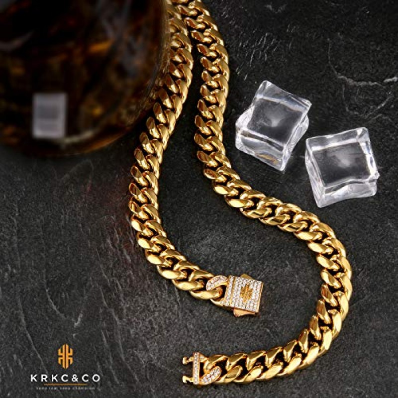 KRKC&CO 12mm 아이스 쿠바 링크 체인, 남성용 18k 골드 목걸이, 내구성과 변색 방지 도시 스트리트웨어, 절대 페이딩되지 않음, 영원한 샤인 힙합 남성 쥬얼리