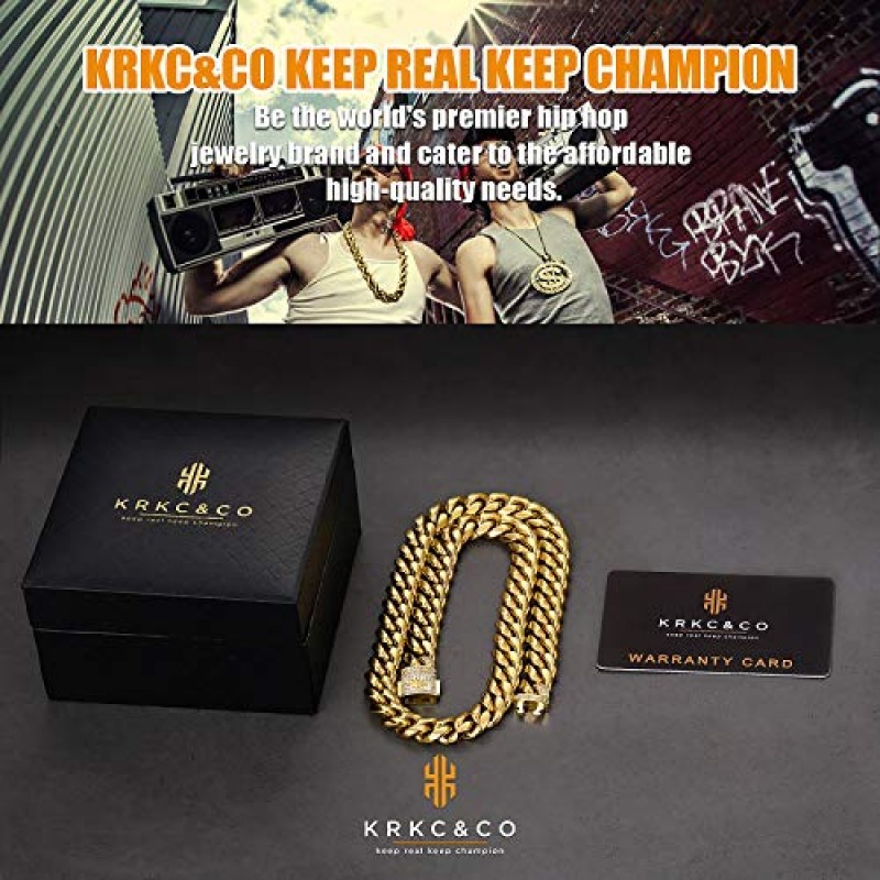 KRKC&CO 12mm 아이스 쿠바 링크 체인, 남성용 18k 골드 목걸이, 내구성과 변색 방지 도시 스트리트웨어, 절대 페이딩되지 않음, 영원한 샤인 힙합 남성 쥬얼리