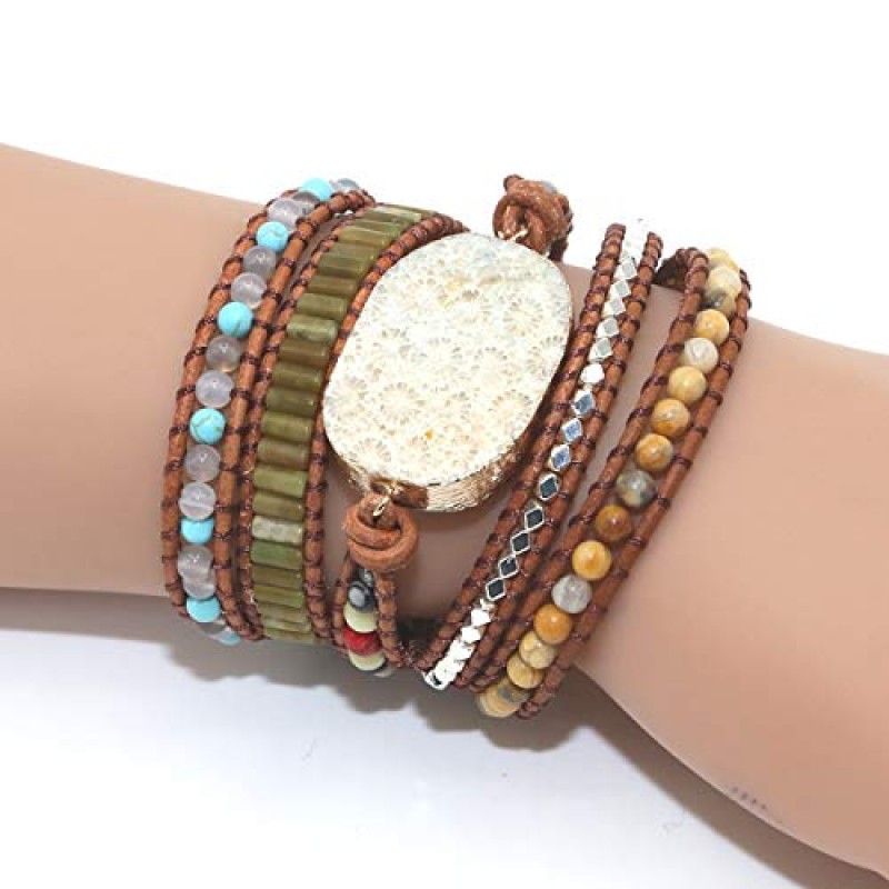 ZOSOJONA Boho 수제 천연석 랩 팔찌 청록색 크리스탈 비즈 팔찌 쥬얼리