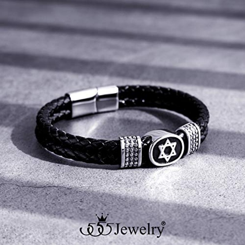 남성용 555Jewelry 스테인레스 스틸 스타 데이비드 브레이드 가죽 팔찌