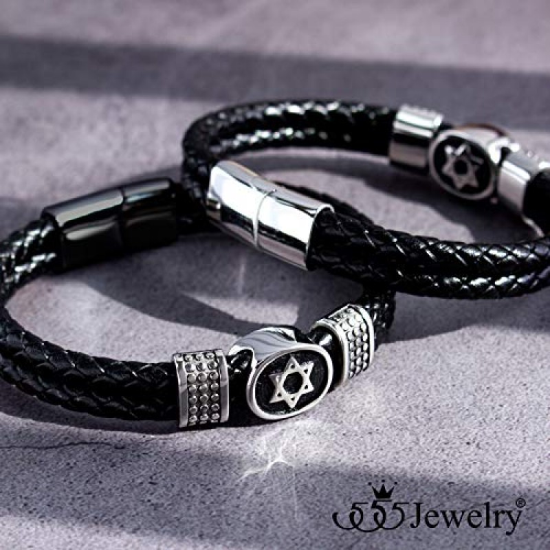 남성용 555Jewelry 스테인레스 스틸 스타 데이비드 브레이드 가죽 팔찌