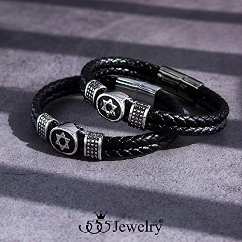 남성용 555Jewelry 스테인레스 스틸 스타 데이비드 브레이드 가죽 팔찌