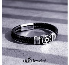 남성용 555Jewelry 스테인레스 스틸 스타 데이비드 브레이드 가죽 팔찌