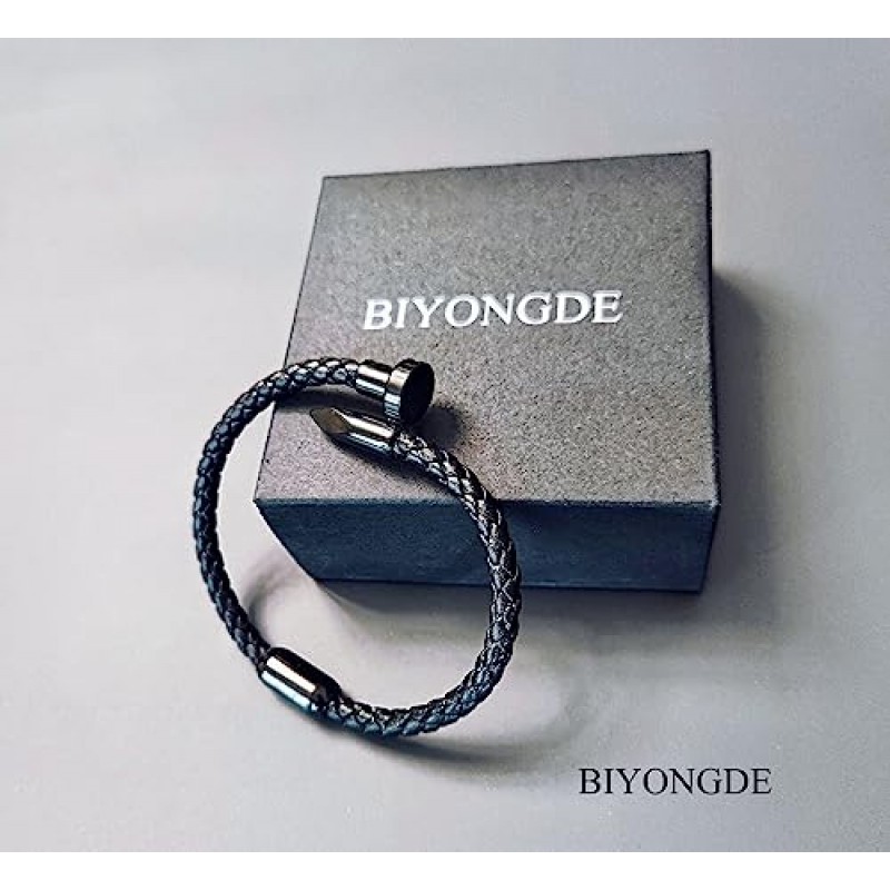 BIYONGDE 남성 여성 브레이드 가죽 팔찌 팔찌, 스테인레스 스틸 블랙 네일 참