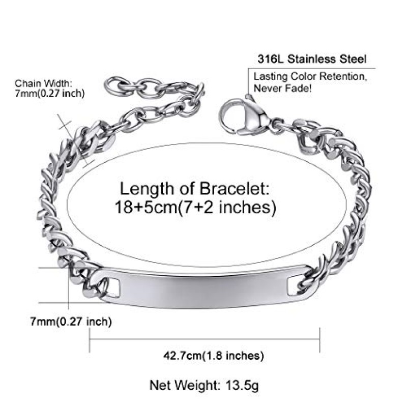 ChainsHouse 남성 여성을위한 맞춤형 ID 팔찌 스테인레스 스틸 쿠바 커브 링크 체인 맞춤형 조각 바 팔찌 팔찌, 7mm 너비, 19-21CM, 선물 상자 보내기