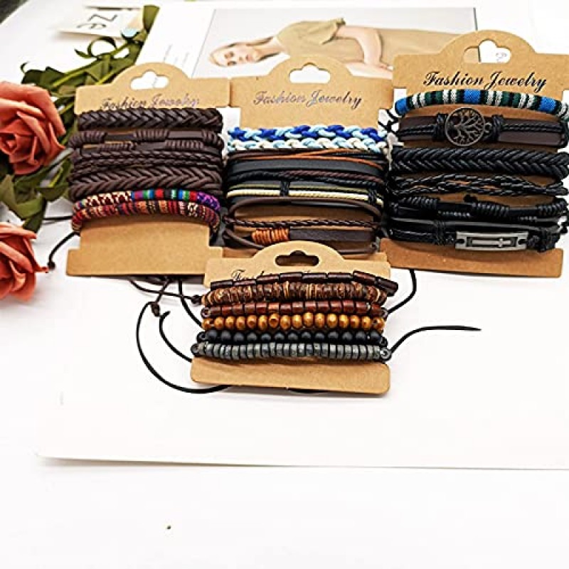 SONNYX 24 PCS 남성 여성을위한 땋은 가죽 팔찌 멋진 짠 손목 팔목 팔찌 대마 코드 나무 구슬 민족 부족 수제 랩 조절 팔찌 팔찌