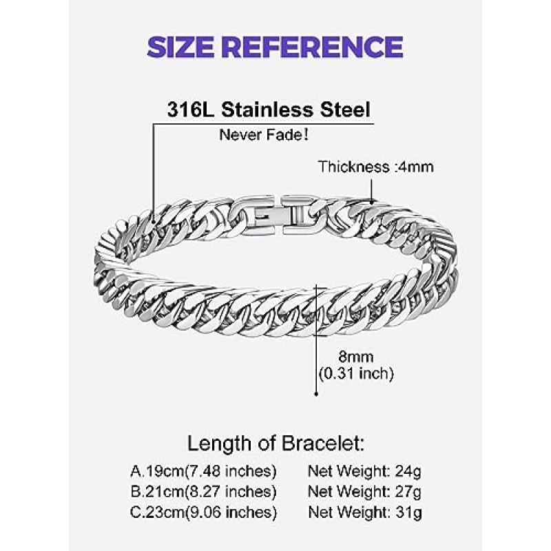 Richsteel 스테인레스 스틸/골드/블랙 도금 링크 체인 팔찌 남성용 8/12/17mm 너비, 7.4/8.2/9 인치 길이 클래식 쥬얼리(선물 포장)