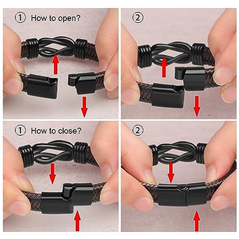 남자를위한 검은 땋은 가죽 팔찌 선물 아빠 남편 남자 친구 아들 손자 형제 영원히 크리스마스 생일 아버지의 날 기념일에 함께 연결됨 남자 스테인레스 스틸 걸쇠 7.5-9 인치