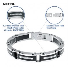 남성용 메트로 주얼리 스테인레스 스틸 블랙 이온 도금 두꺼운 링크 팔찌 - 폴드 오버 걸쇠 및 큐빅 지르코니아가 있는 길이 8.5인치, 너비 12mm