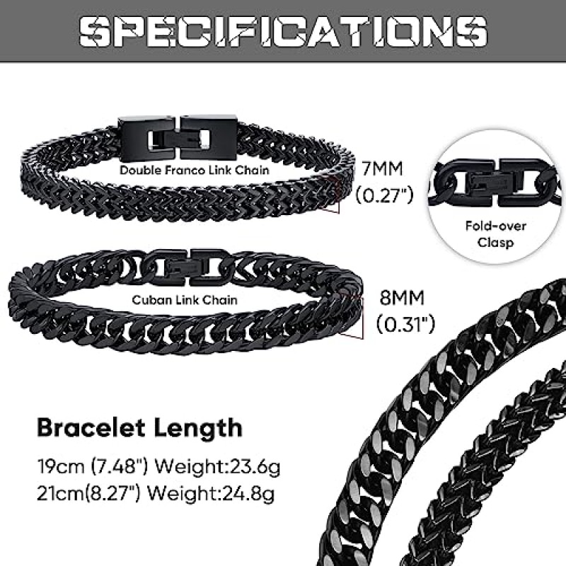 남성용 팔찌 쿠바 링크 체인 팔찌, 2개 스테인레스 스틸 실버 블랙 골드 튼튼한 쿠바 링크 더블 프랑코 체인 8mm 팔찌 소년 남성용 아빠 형제 남자 친구 남성용 쥬얼리 선물, 7.4