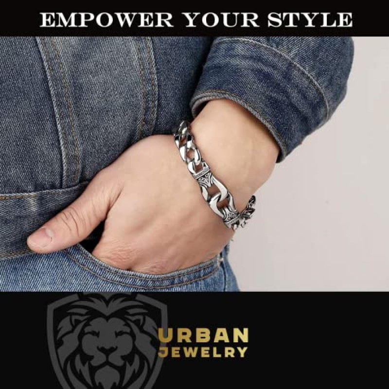 URBAN JEWELRY 놀라운 스테인레스 스틸 남성용 링크 팔찌 실버 블랙 9인치 목걸이 옵션 21인치(브랜드 선물 상자 포함)