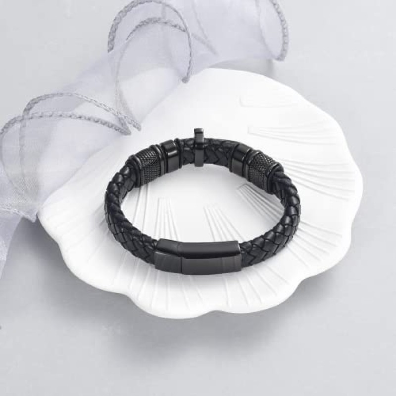 Oinsi Mens 더블 밴드 블랙 땋은 가죽 팔찌 팔찌 유골을위한 화장 쥬얼리 팔찌 기념 Urn Bangle With Cross Charm