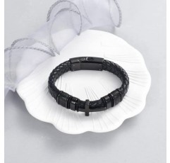 Oinsi Mens 더블 밴드 블랙 땋은 가죽 팔찌 팔찌 유골을위한 화장 쥬얼리 팔찌 기념 Urn Bangle With Cross Charm