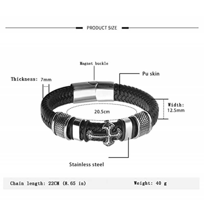 CMYYDX 남자 가죽 팔찌 짠 가죽 팔찌 크로스 오픈 팔찌 스테인레스 스틸 마그네틱 클로저 커프 팔찌 생일 소년 남자 선물