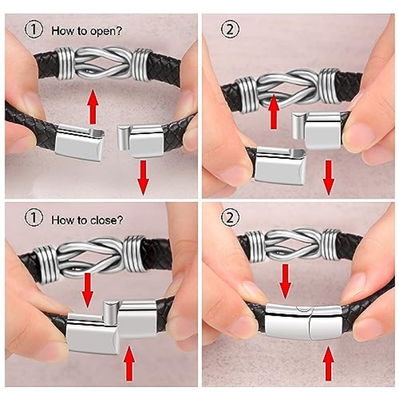 남자를위한 검은 색 땋은 가죽 팔찌 선물 아빠 남편 남자 친구 아들 손자 형제 영원히 크리스마스 생일 아버지의 날 기념일에 함께 연결됨 남자 스테인레스 스틸 걸쇠 7.5 | 8.5 9 인치