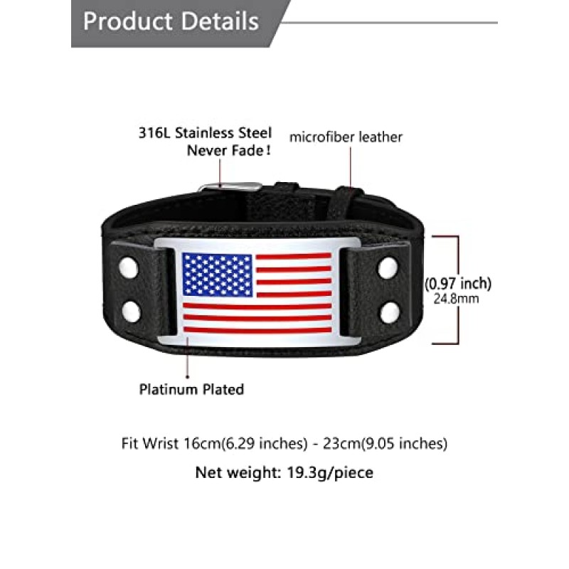 남성용 U7 팔찌 미국 국기 팔찌 7월 4일 보석 가죽 팔찌 스테인레스 스틸/18K 골드 도금/블랙 쿠바 링크 체인 팔찌 미국 국기 애국 팔찌,7.5/8.3/9인치