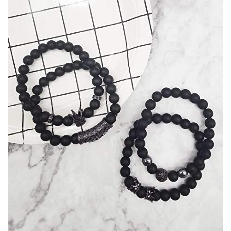 CARSHIER 4 PCS 남성용 팔찌 우정 용암 스톤 크라운 비드 팔찌 8MM 천연 에센셜 오일 디퓨저 비즈 Bangles 선물