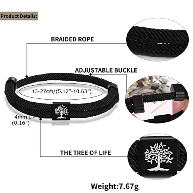 TempBeau 땋은 남성용 로프 크로스 팔찌 - 조절 가능한 생명의 나무 코드 서핑 팔찌, 금속 매듭이 있는 수제 해상 해군 해양 끈 팔찌, 여성용 팔찌 선물