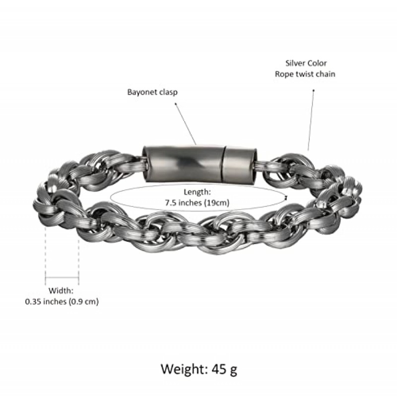 LaSua 남성용 팔찌 스테인레스 스틸 트위스트 로프 체인 링크 팔찌 남성용 땋은 브러시 빈티지 팔찌 블랙 실버 브론즈 골드 건메탈 7.5-8.9 인치 길이 졸업 선물