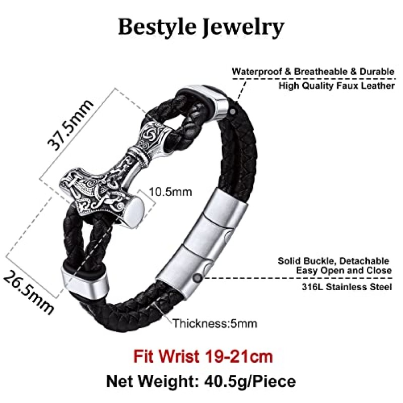 남자 소년을위한 Bestyle 정품 가죽 땋은 바이킹 팔찌, 빈티지 토르의 망치/해골/프리메이슨 프리메이슨 랩 커프 Wirstband 팔찌 폐쇄