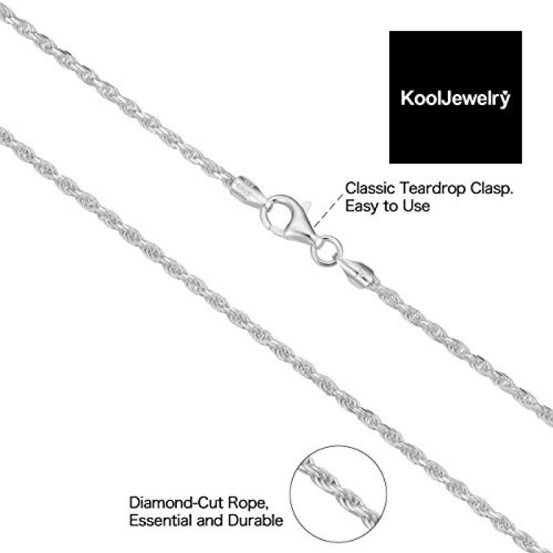 여성 및 남성용 Kooljewelry 스털링 실버 다이아몬드 컷 로프 체인 목걸이 팔찌 발찌(1.1mm, 1.3mm, 1.7mm 또는 2.3mm)