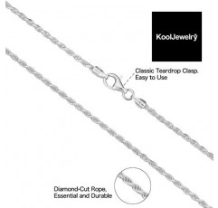 여성 및 남성용 Kooljewelry 스털링 실버 다이아몬드 컷 로프 체인 목걸이 팔찌 발찌(1.1mm, 1.3mm, 1.7mm 또는 2.3mm)