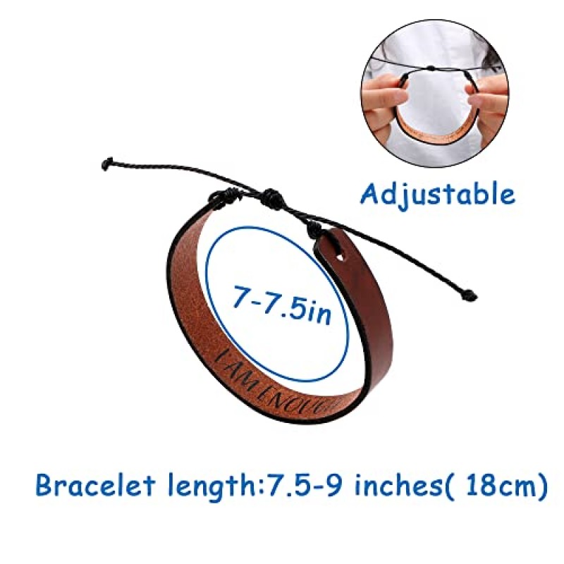 남성 여성을위한 가죽 팔찌 영감 격려 종교 확인 기념일 기념 기억 메시지 브라운 조절 팔찌 크리스마스 아버지의 날 생일 보석 선물