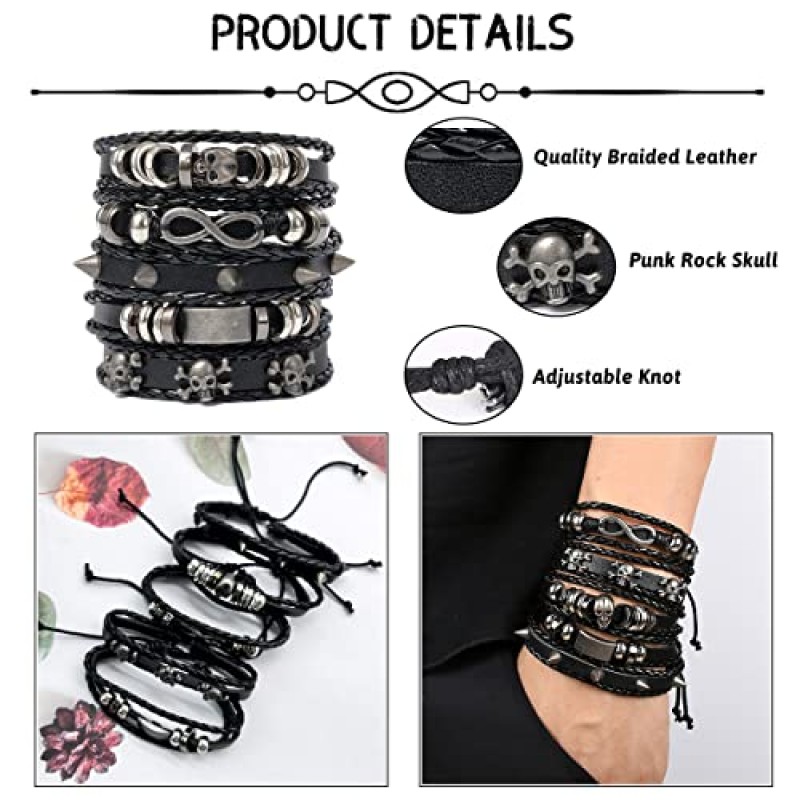 SAMOCO 31Pcs 남자 가죽 팔찌 블랙 꼰 로프 와이드 팔찌 커프 펑크 록 해골 팔찌 수제 랩 Stackable Ethnic Tribal Jewelry