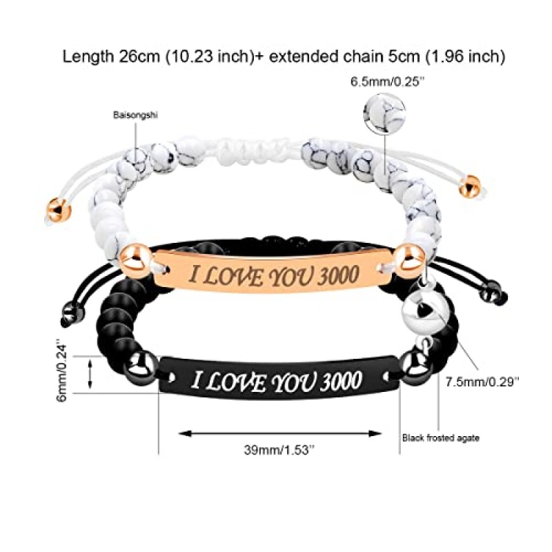 Uloveido 개인화 된 ID 커플 팔찌, 자석, 스테인레스 스틸 및 천연 구슬, 맞춤 조각 남성 여성을위한 수제 땋은 밧줄 손목 팔찌 우정, 조절 가능, 맞춤형