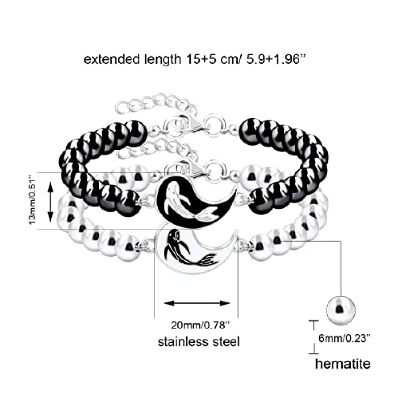 커플을 위한 음양 팔찌 2개 세트 - 그와 그녀의 적철광 비즈 남성용 팔찌 확장된 스테인레스 스틸 체인이 있는 여성용 매칭 퍼즐 남자친구 여자친구 가장 친한 친구를 위한 음양 팔찌