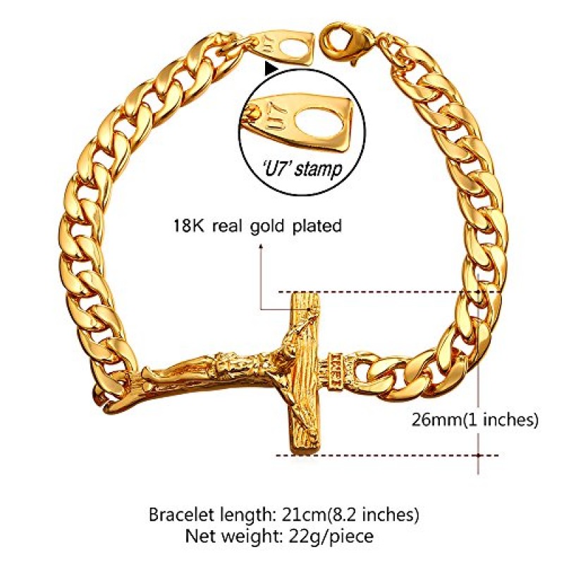 U7 기독교 팔찌 스테인레스 스틸 18K 골드 도금 크로스 팔찌, 세인트 Bendict 팔찌, 남성 여성을위한 묵주 팔찌