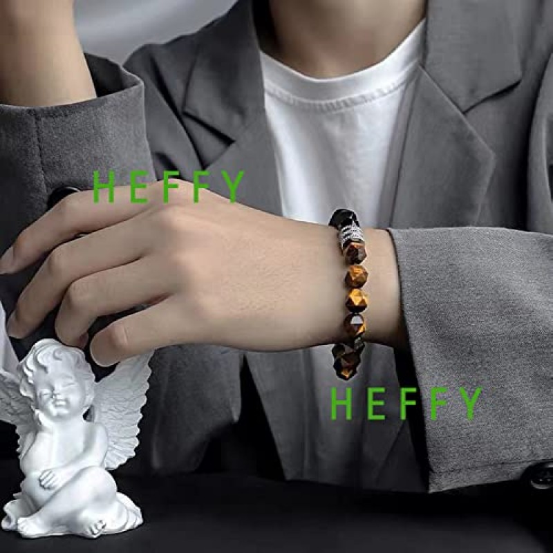 HEFFY 블랙 원시 전기석 크리스탈 스톤 목걸이 펜던트 부적 기둥 펜던트 + 트리플 보호 팔찌 적철광 흑요석 타이거 아이 팔찌 남성 여성 2pcs